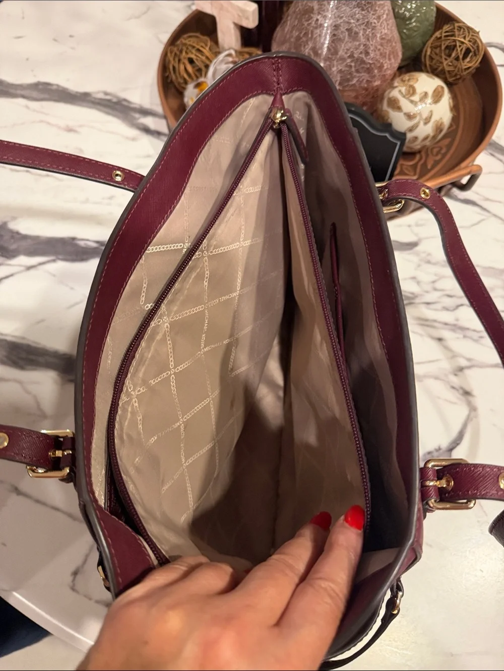 Michael Kors Burgundy Saffiano Leather Tote with Gold Hardware